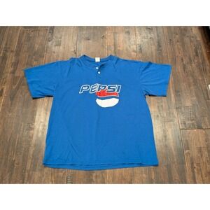 Vintage USA Soffe Pepsi Logo Short Sleeve Henley T-Shirt Mens XL Tee Blue Cotton